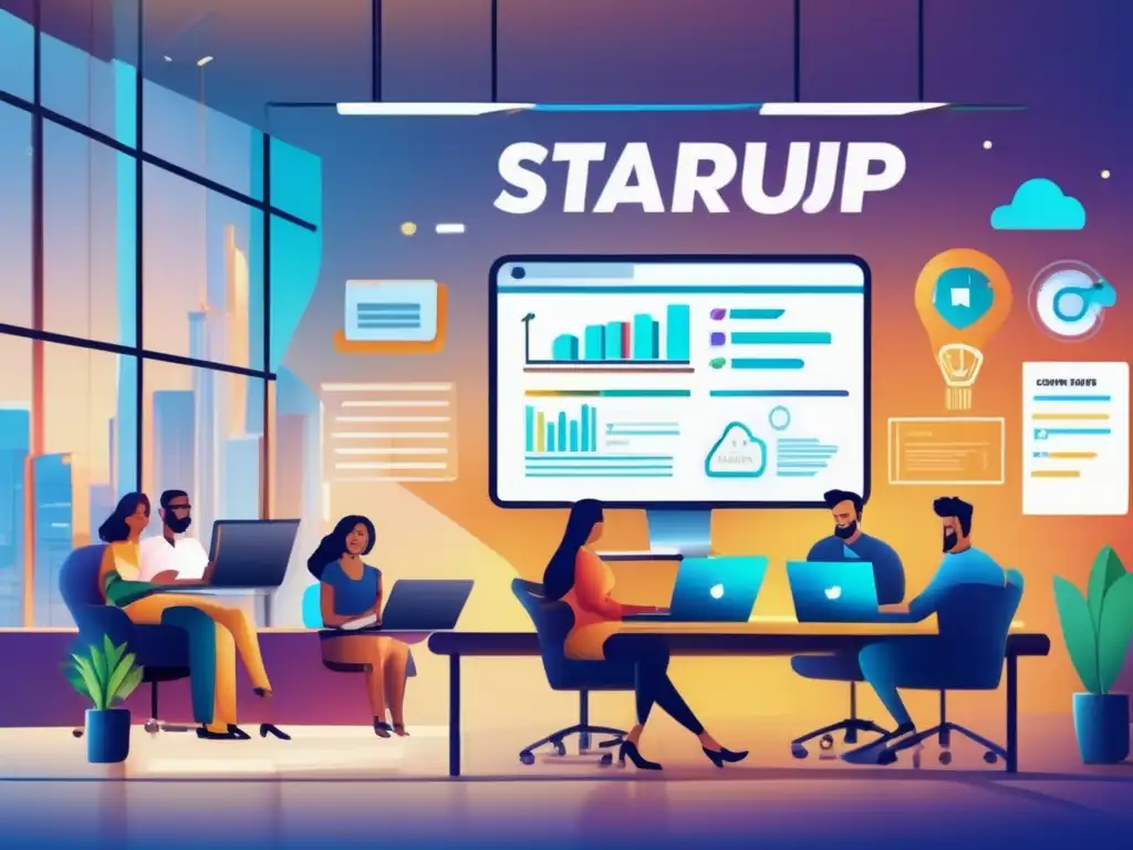 Inversión exitosa en startup tecnológica Éxito en inversión en startup: oficina moderna, equipo entusiasta, tecnología innovadora