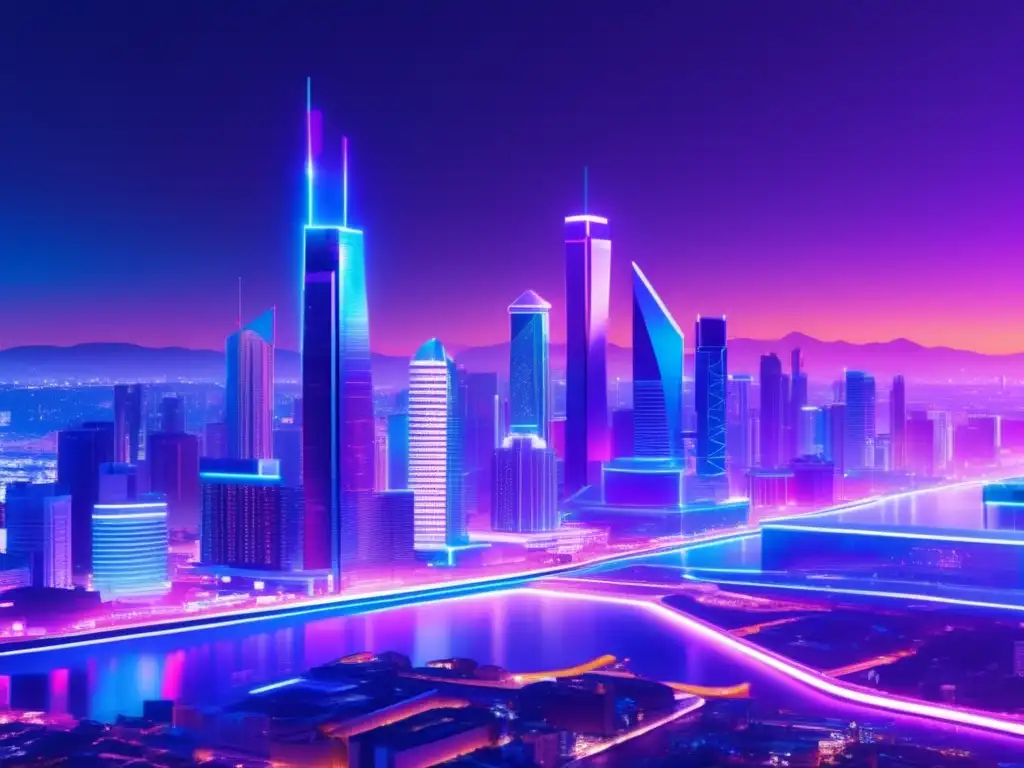 Futurista ciudad con rascacielos y criptomonedas ICO exitosas: Futurista ciudad con rascacielos, gráficos y profesionales discutiendo