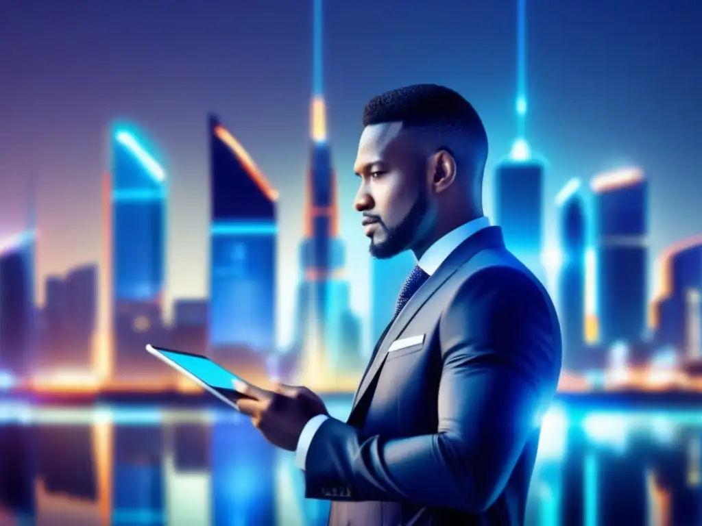 Hombre de negocios en ciudad futurista Experto en estrategias de diversificación financiera en ciudad futurista