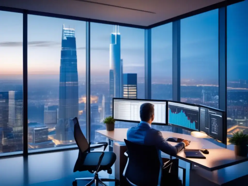 Analista financiero en oficina moderna Experto inversor analiza gráficos de acciones en oficina moderna - Técnicas para invertir en mercados volátiles