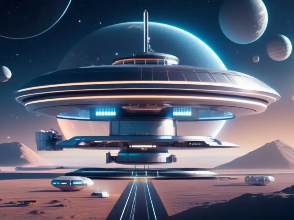 Estación espacial futurista en el espacio Exploración espacial: Oportunidades de inversión en la maravilla arquitectónica de una estación espacial futurista rodeada de actividad cósmica y una vista impresionante de la Tierra