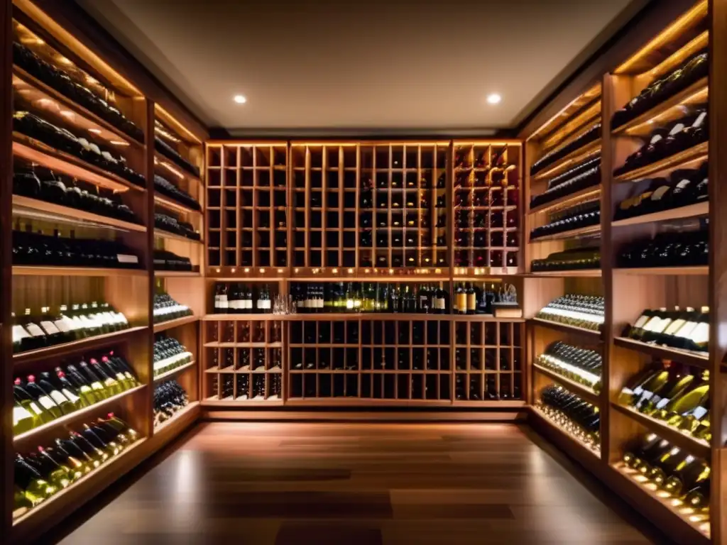 Espectacular bodega de vinos con paredes de vidrio y excelentes detalles Exquisita bodega de vinos con paredes de cristal, botellas ordenadas, iluminación cálida y sommelier