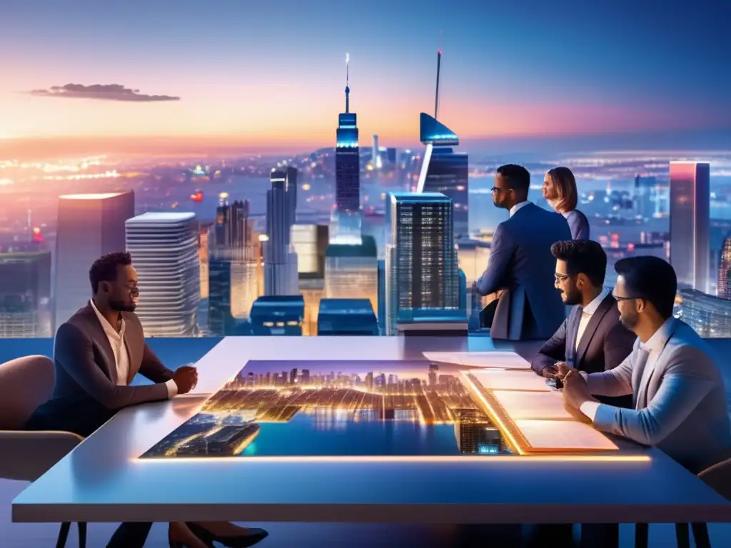 Profesionales discutiendo inversión inmobiliaria Fachada urbana con rascacielos y profesionales discutiendo sobre fondos inmobiliarios revolucionando mercado