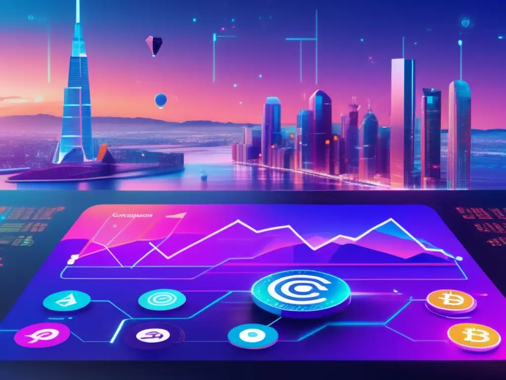 Paisaje futurista con ciudad holográfica y análisis de criptomonedas Factores clave criptoanálisis fundamental: Futuro paisaje digital con metrópolis, gráficos holográficos y análisis en tiempo real de criptomonedas