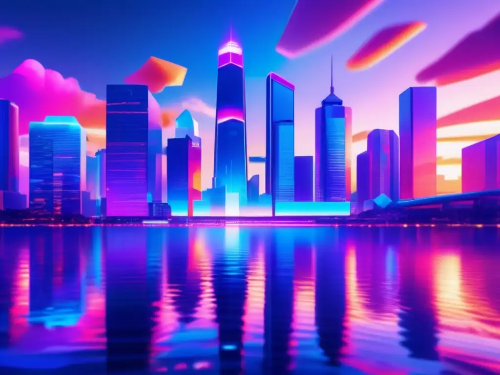 Futuristic cityscape at sunset with cryptocurrency focus Factores clave criptoanálisis fundamental en futurista ciudad con rascacielos, agua y profesionales discutiendo