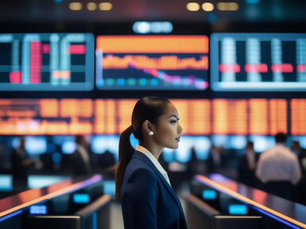 Bolsa de valores moderna y vibrante con inversora analizando tendencias Falsas creencias sobre la Bolsa desmentidas: Imagen 8k detallada de una bulliciosa sala de intercambio con traders elegantes y pantallas LED futuristas que muestran datos de la bolsa en tiempo real
