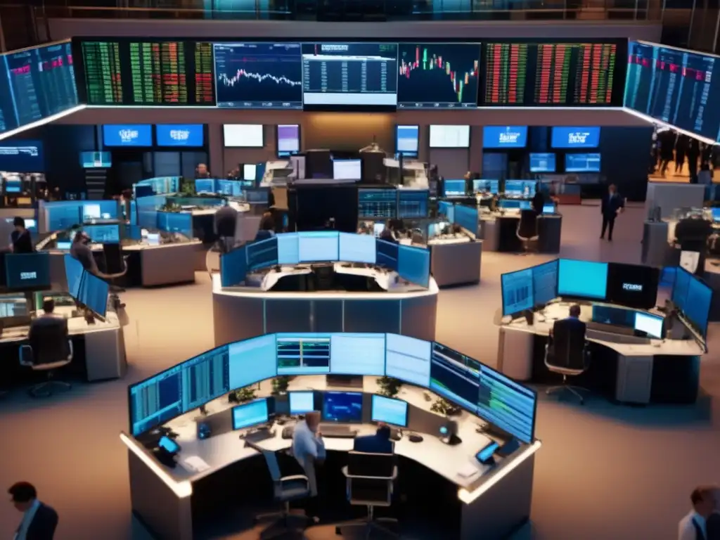 Traiding floor moderno y vibrante Falsas creencias sobre la Bolsa desmentidas: Traders profesionales en la vibrante sala de operaciones, rodeados de pantallas y datos en tiempo real