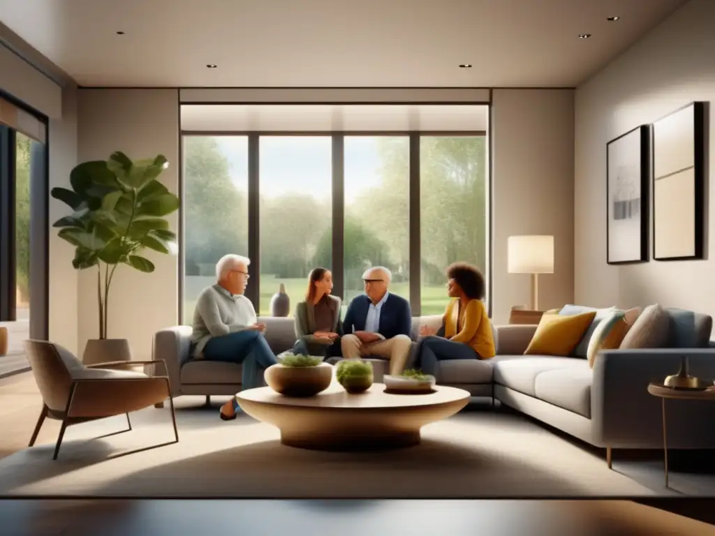 Familia financiera planificando Familia multigeneracional discutiendo inversión y diversificación en sala moderna y elegante