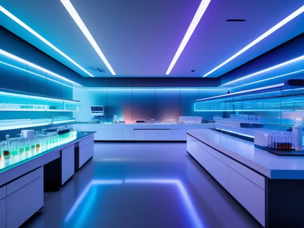 Laboratorio farmacéutico futurista con equipamiento de vanguardia Farmacéuticas líderes en bolsa: laboratorio futurista con científicos, tecnología punta y progreso en la industria farmacéutica