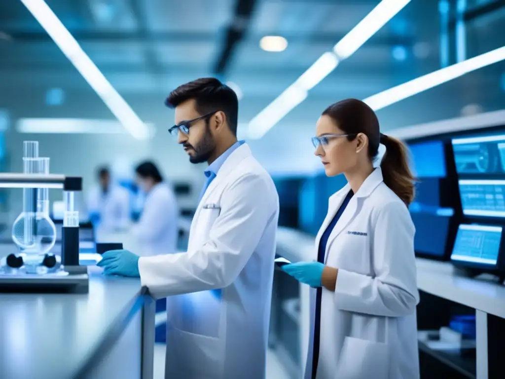 Laboratorio con científicos innovadores Farmacéuticas líderes en bolsa trabajando en laboratorio moderno y futurista con tecnología avanzada