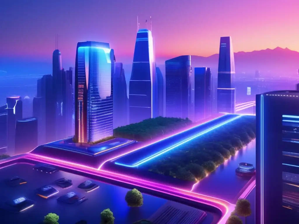 Futurista ciudad con mercado activo Farming de liquidez, recompensas en un mercado vibrante