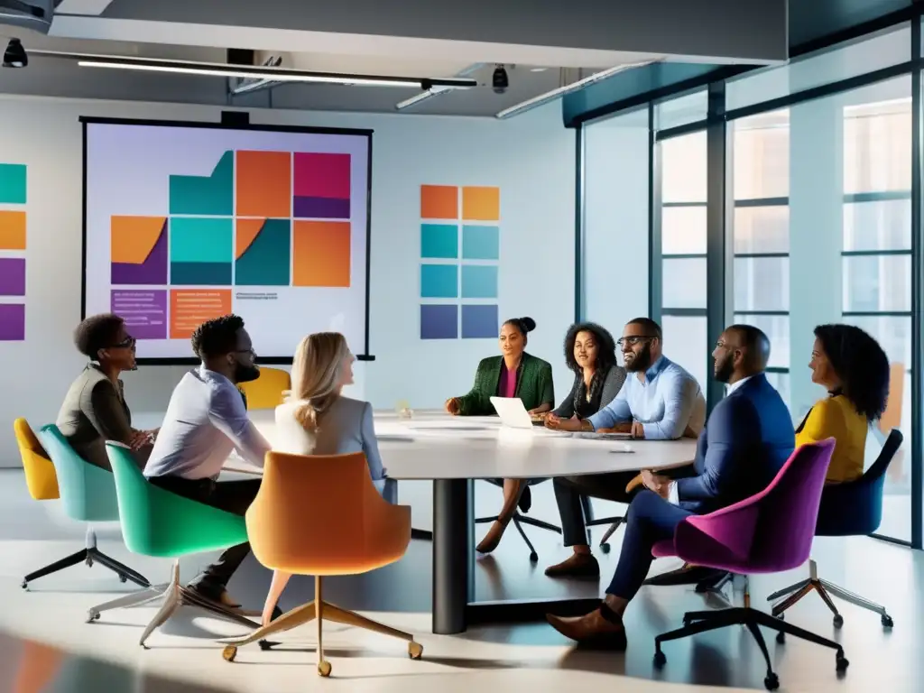 Emprendedores discutiendo en oficina moderna Fase inicial inversión en startups: Emprendedores diversos discuten en una moderna oficina con proyecciones y decoración vibrante