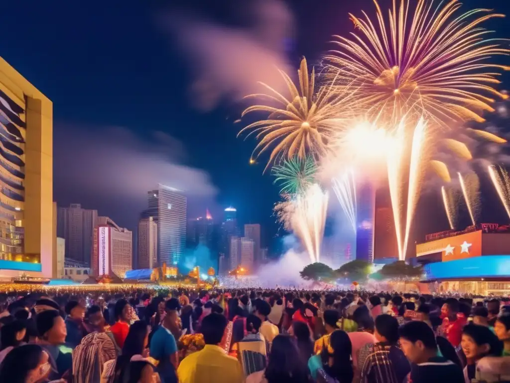 Ciudad nocturna en festejo nacional Festividades nacionales y mercado en vibrante imagen nocturna de ciudad en celebración