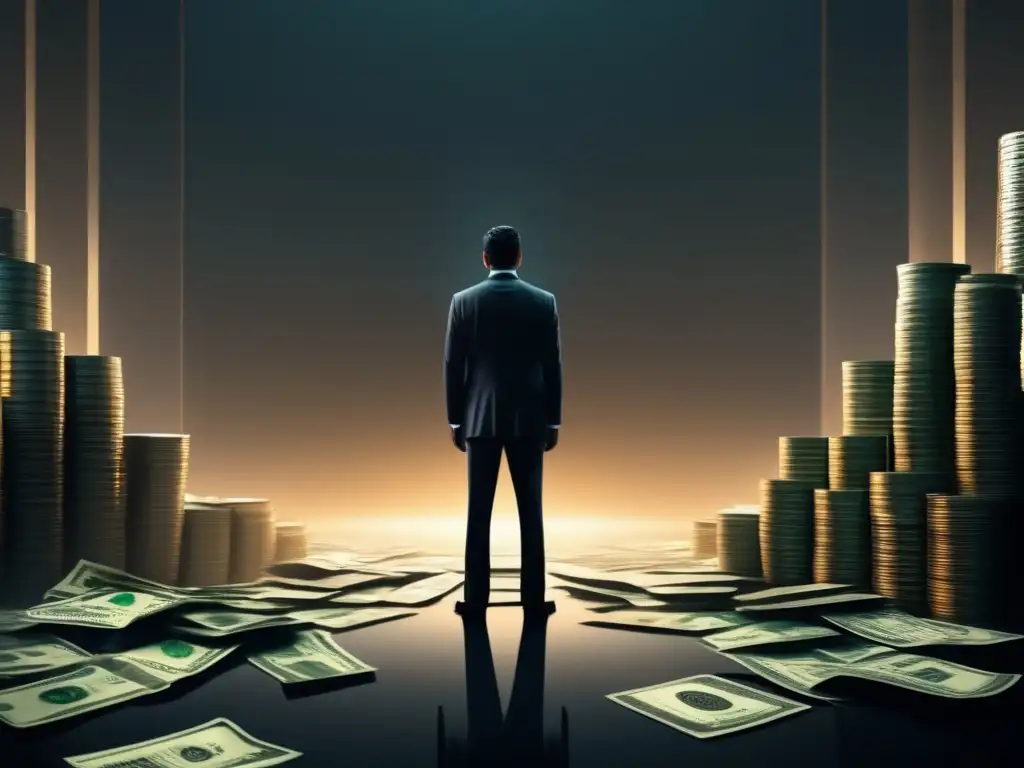 Figura sombría en el abismo financiero Figura oscura en el borde de un abismo financiero, simbolizando la avaricia en inversiones financieras