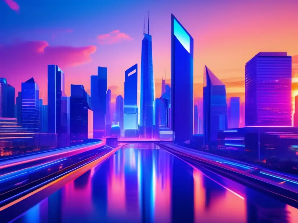 Ciudad futurista al atardecer: innovación financiera Financiamiento inteligente para startups en una ciudad futurista con rascacielos y ambiente dinámico