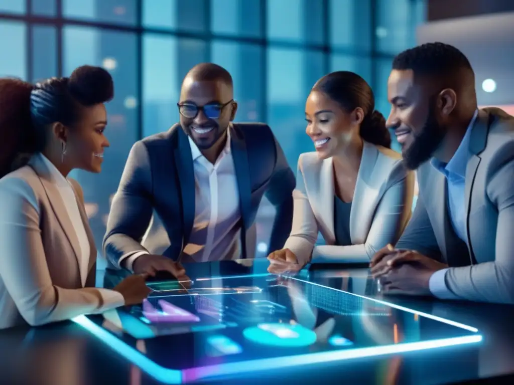 Emprendedores discutiendo en torno a una mesa holográfica Financiamiento inteligente para startups con diversidad emprendedora en mesa holográfica