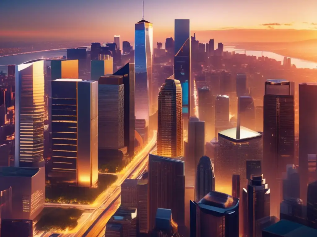 Ciudad moderna al atardecer con emprendedores discutiendo Financiamiento para startups: Ciudad moderna al atardecer con rascacielos futuristas, emprendedores estratégicos