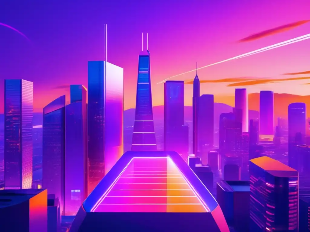 Futuro de la fintech: innovación y competencia Innovación financiera: Fintech vs Bancos en una ciudad futurista con rascacielos modernos y proyecciones holográficas