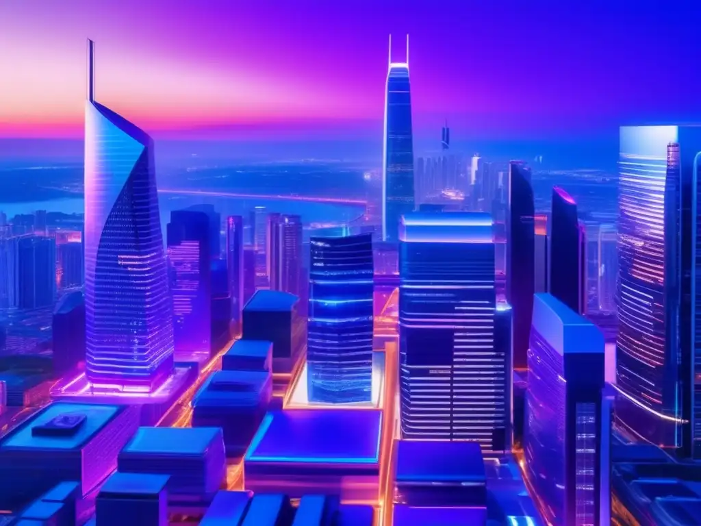 Ciudad futurista con rascacielos y banco tecnológico Innovación financiera: Fintech vs Bancos en ciudad futurista