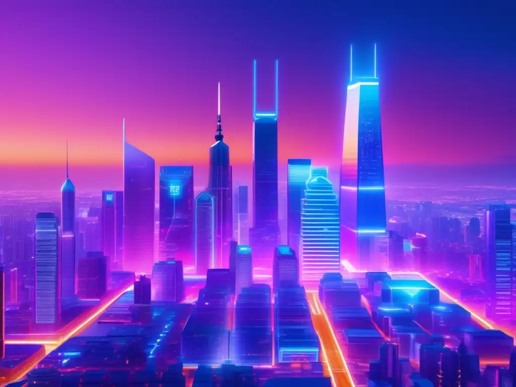 Futurista ciudad Fintech vs bancos tradicionales Innovación financiera: Fintech vs Bancos en una ciudad futurista con rascacielos, luces de neón y colaboración simbolizada por un puente