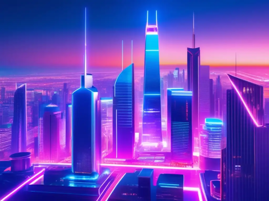 Futuro de Fintech y bancos Innovación financiera: Fintech vs Bancos en futurista imagen de ciudad con rascacielos de vidrio y acero, iluminada por neón vibrante