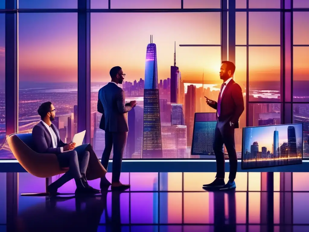 Ciudad moderna al atardecer, actividad financiera Diversificación financiera en ciudad moderna con millennials estratégicos