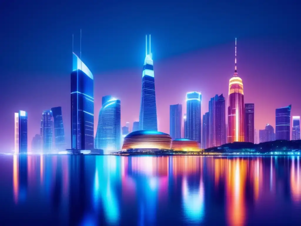Futuro urbano nocturno con rascacielos iluminados Diversificación financiera en mercados volátiles: Ciudad futurista con rascacielos iluminados y agua reflejando luces