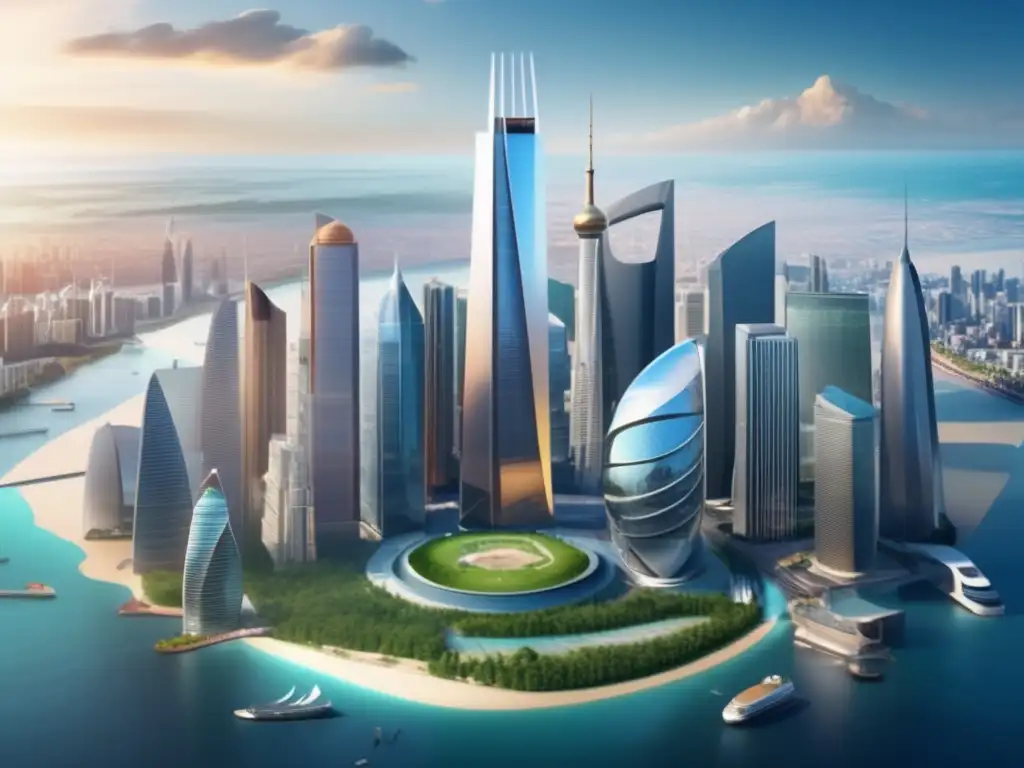 Rascacielos financiero rodeado de landmarks representativos Diversificación financiera en mercados volátiles: imagen de rascacielos financieros rodeados por iconos culturales y paisajes diversos