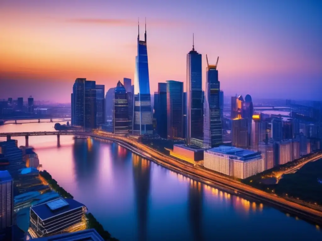 Skyline urbano al atardecer Diversificación financiera en mercados volátiles: moderna ciudad al atardecer, rascacielos iluminados, reflejo de la puesta de sol en río calmado