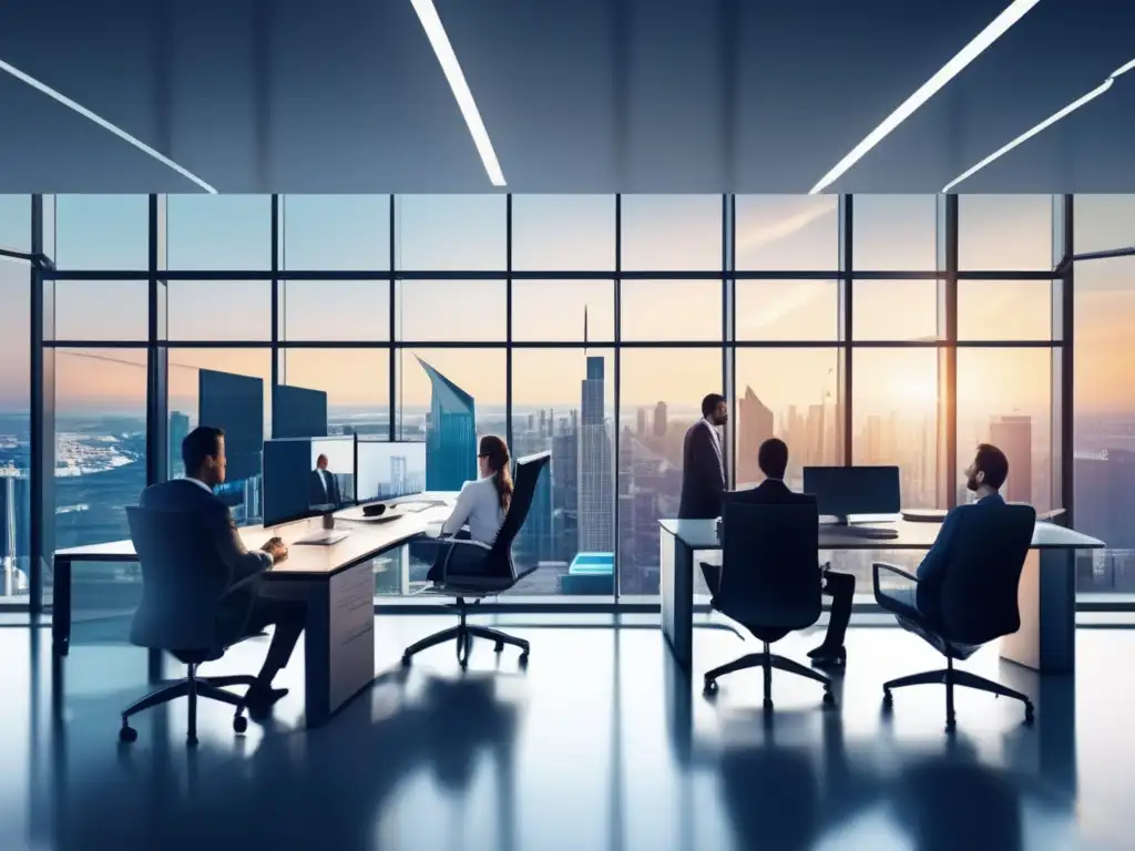 Oficina financiera con vista panorámica Diversificación financiera en mercados volátiles: profesionales enfocados en análisis, estrategias e inversiones en oficina moderna con vista panorámica