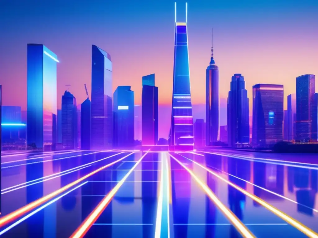 Futuro financiero: Ciudad moderna y próspera Planificación financiera paso a paso en una ciudad futurista con rascacielos holográficos y profesionales ocupados en actividades financieras