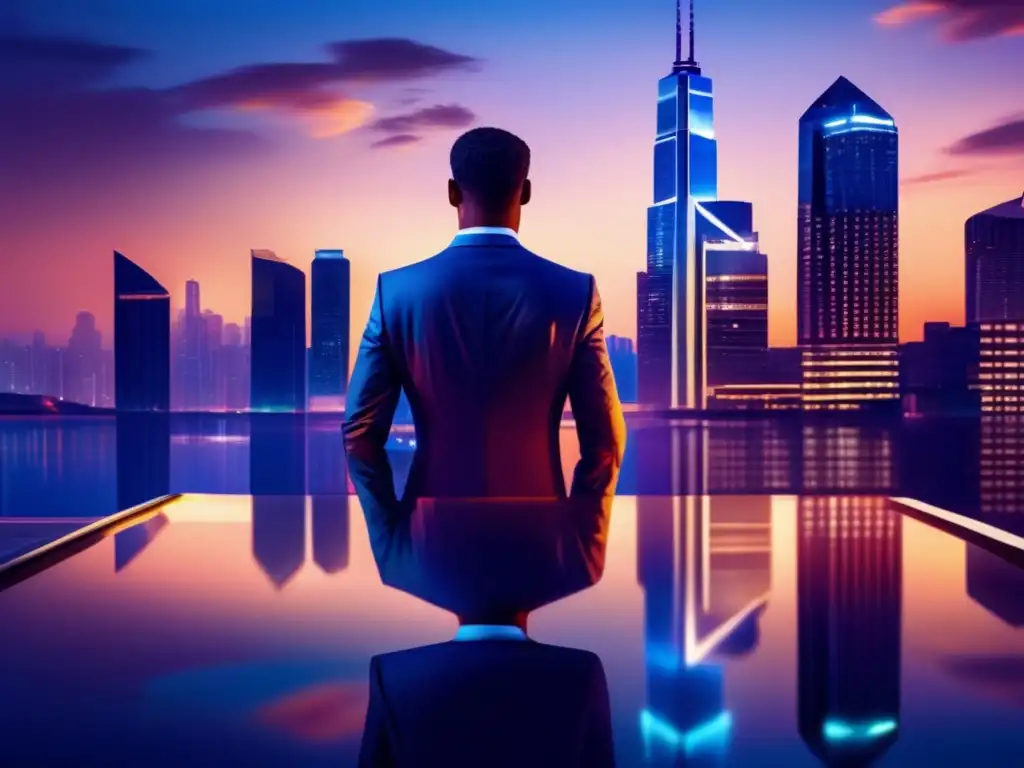 Imagen: Ciudad moderna al atardecer con persona segura en terraza Planificación financiera paso a paso: Ciudad moderna al atardecer con rascacielos iluminados y persona segura en terraza con gráficos financieros