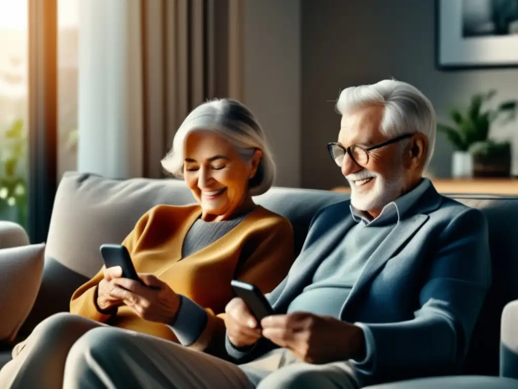 Pareja mayor disfruta de la tecnología financiera Innovación financiera para personas mayores: Pareja mayor en sala moderna usando smartphones, mostrando beneficios de la tecnología financiera