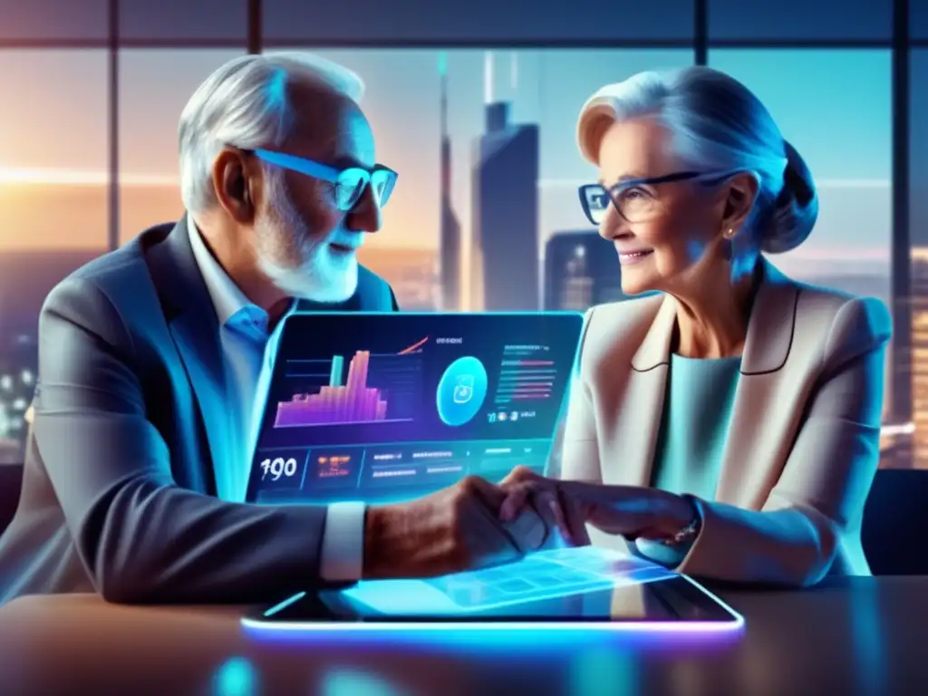 Revolución fintech para mayores Innovación financiera para personas mayores: Pareja mayor con tecnología y hologramas en mesa futurista