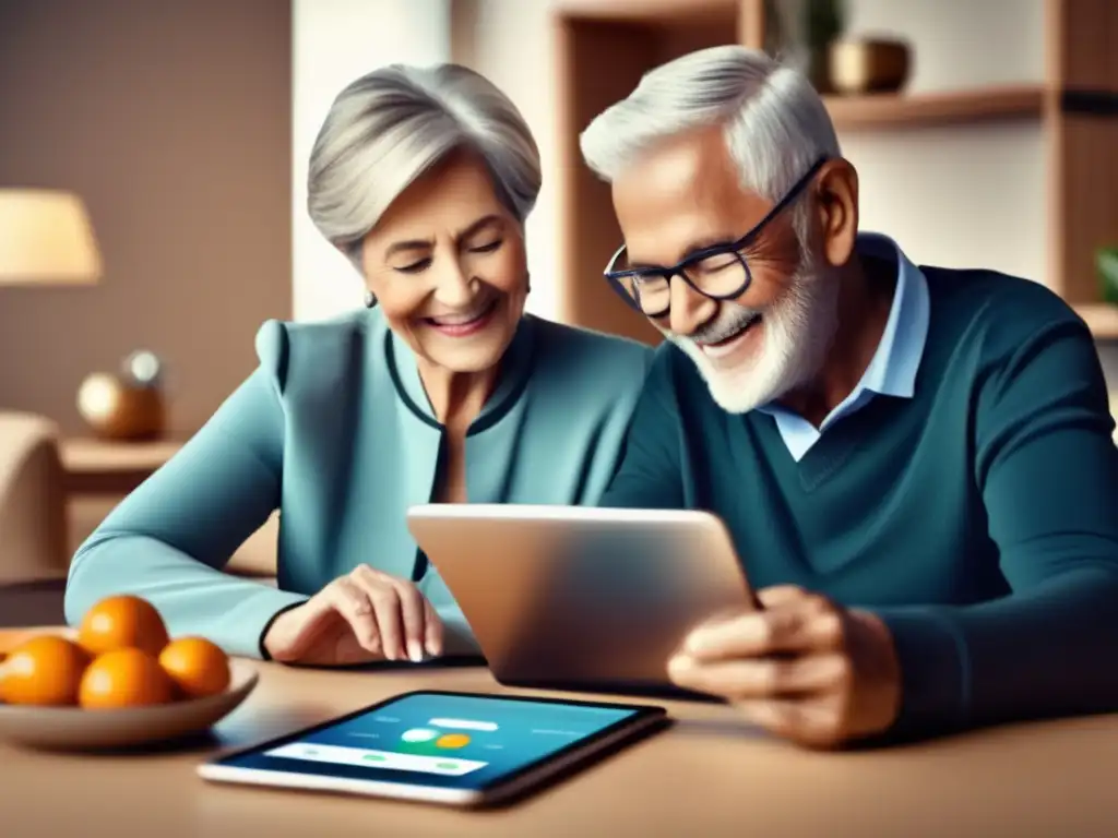 Innovación financiera para adultos mayores Innovación financiera para personas mayores: pareja de ancianos sonrientes usando una app financiera accesible y segura en su moderno hogar