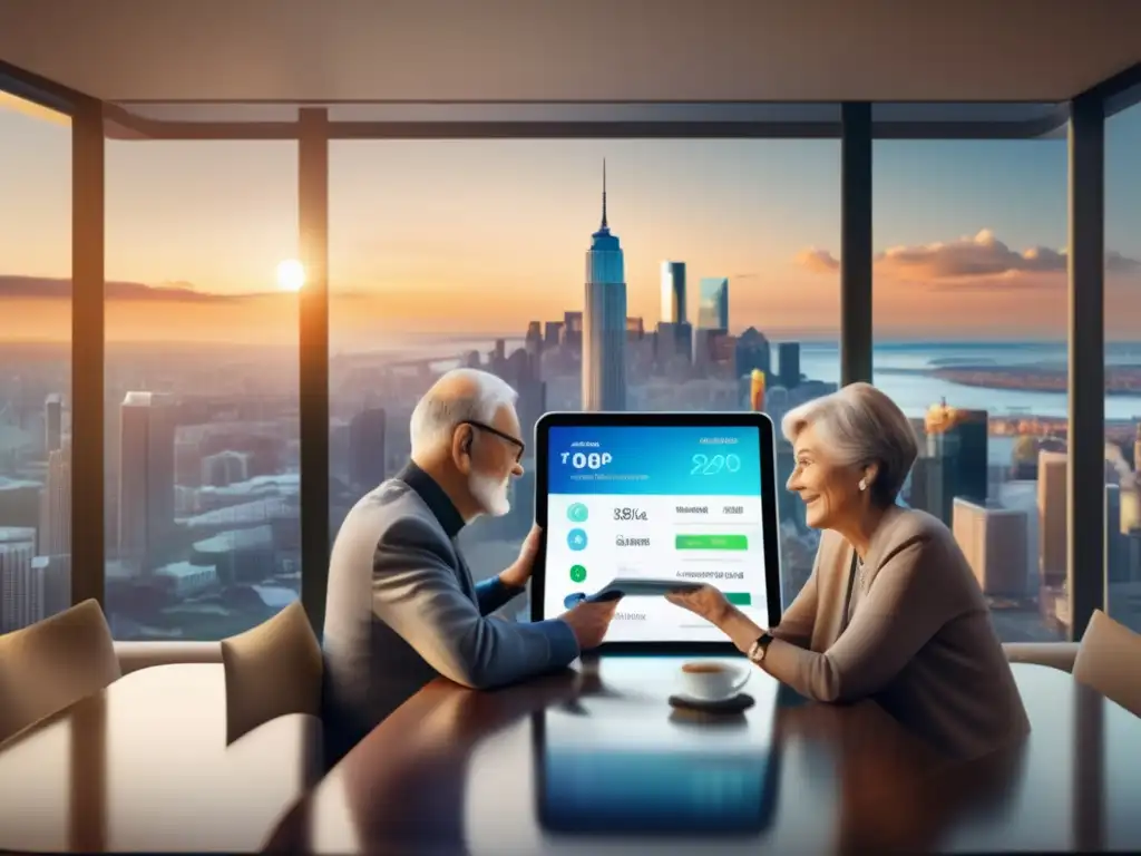Fintech para adultos mayores Innovación financiera para personas mayores: pareja mayor en mesa moderna con tablet y app financiera
