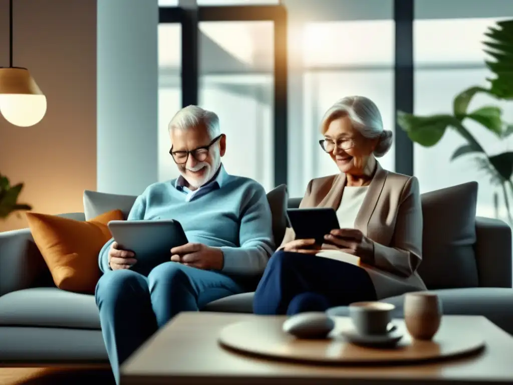 Pareja mayor disfrutando de la tecnología financiera Innovación financiera para personas mayores - Pareja mayor usando tecnología financiera moderna en un sofá cómodo, rodeados de dispositivos avanzados