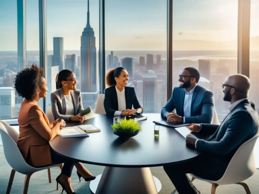 Diálogo financiero inclusivo Discusión sobre educación financiera para principiantes con diversos participantes en una sala moderna y luminosa, con vista panorámica de la ciudad