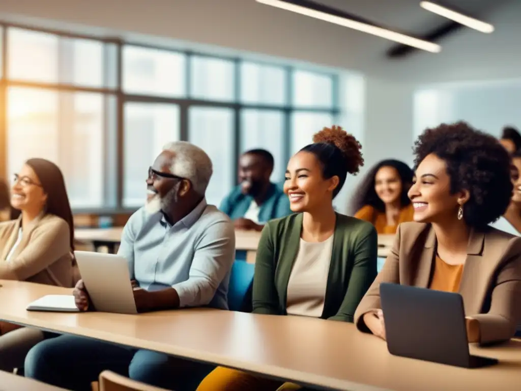 Aula inclusiva y colaborativa con tecnología avanzada Inclusión financiera a través de la educación: grupo diverso en aula moderna con tecnología y carteles educativos