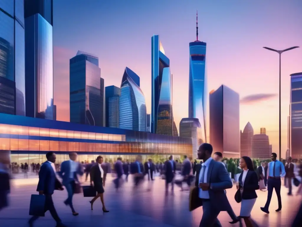Hub financiero global al atardecer Finanzas globales en un hub urbano con modernos rascacielos y tecnología avanzada