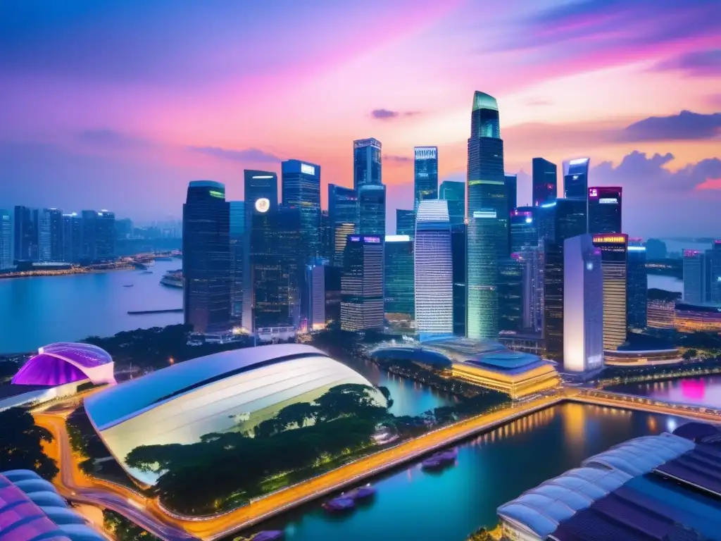 Panorámica del distrito financiero de Singapur Finanzas en Singapur: Skyscrapers, profesionales analizando datos y el vibrante skyline reflejan la innovación y dinamismo del hub financiero global