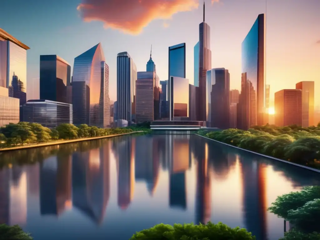 Distrito financiero moderno al atardecer Finanzas sostenibles: Distrito financiero moderno al atardecer con edificios de cristal, naturaleza y profesionales colaborativos