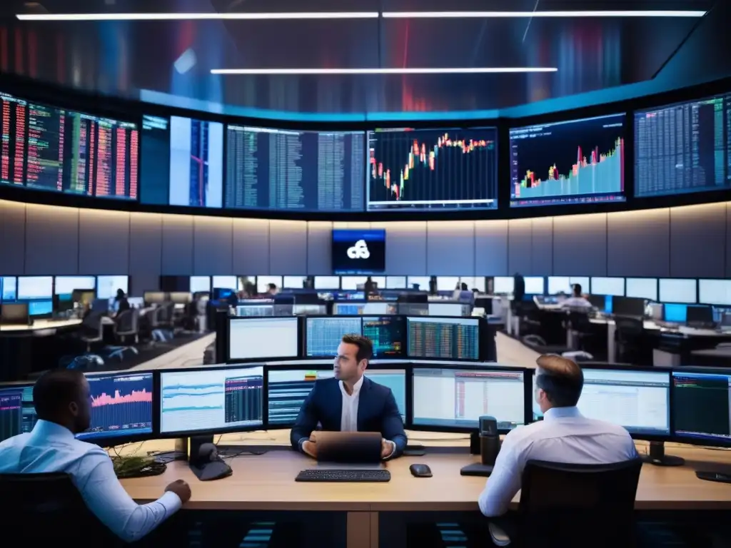 Piso de trading financiero: profesionales analizan mercados Finanzas: Trading floor con traders y analistas profesionales trabajando con tecnología moderna y análisis técnico y fundamental
