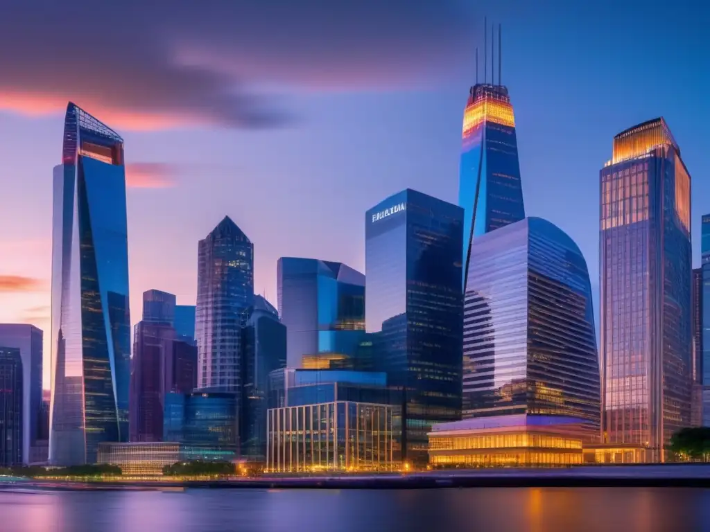 Distrito financiero vibrante al atardecer Finanzas urbanas con rascacielos, tráfico y cartelera iluminada