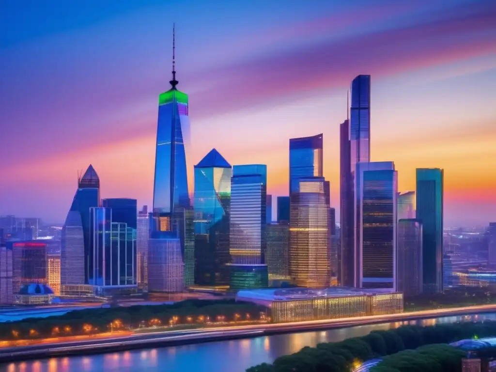 Ciudad financiera dinámica y vibrante Diversificación fiscal en inversiones: Ciudad vibrante y dinámica, con rascacielos de vidrio reflejando las luces coloridas de la ciudad al atardecer