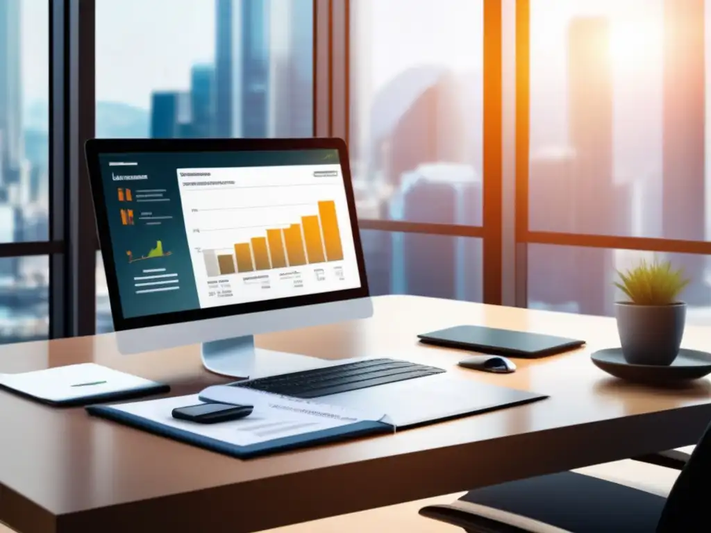 Escritorio profesional para freelancer Optimización fiscal para inversiones freelance en un espacio de trabajo moderno, con escritorio elegante, laptop y documentos financieros organizados