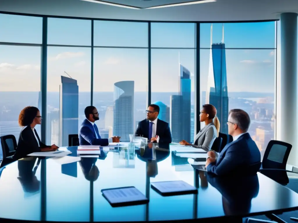 Profesionales discutiendo diversificación fiscal Diversificación fiscal en inversiones: profesionales colaborando en oficina moderna con vista panorámica