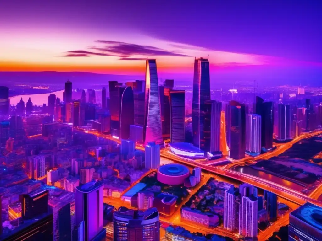 Ciudad cosmopolita al atardecer Gestión fiscal para inversionistas internacionales en rentas del exterior en una ciudad con skyline de rascacielos al atardecer