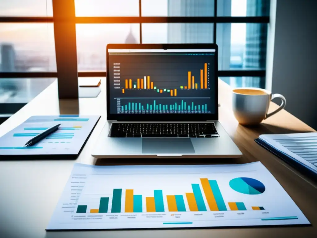 Escritorio moderno con laptop y gráficos financieros Planificación fiscal para inversionistas novatos en una oficina moderna