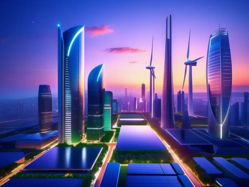 Ciudad futurista con energía renovable Planificación fiscal en el sector energético: imagen de ciudad futurista con rascacielos, energía renovable y paisaje verde